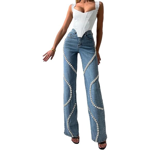Women High Waist Jeans Rhinestone Trim Baggy Denim Pants Wide Leg Y2K - Picture 2 of 6